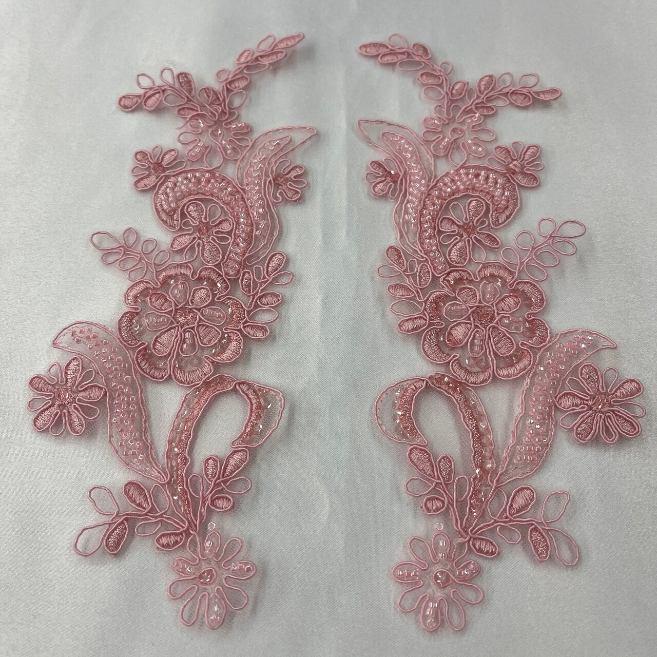 1 Pair Beaded & Corded Floral Lace Applique 9" x 2.5" Each Side